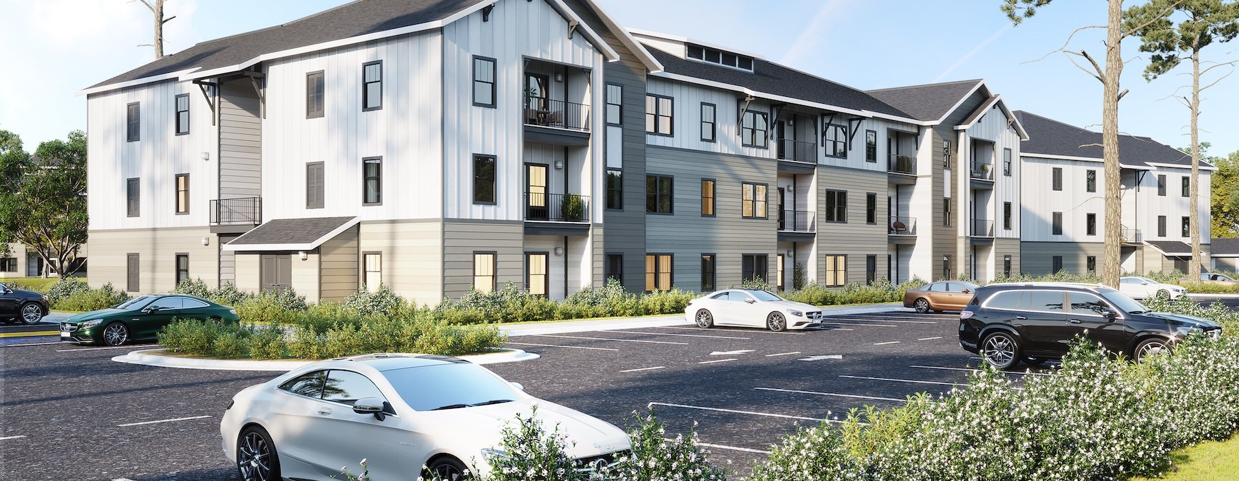 a building with cars parked in front