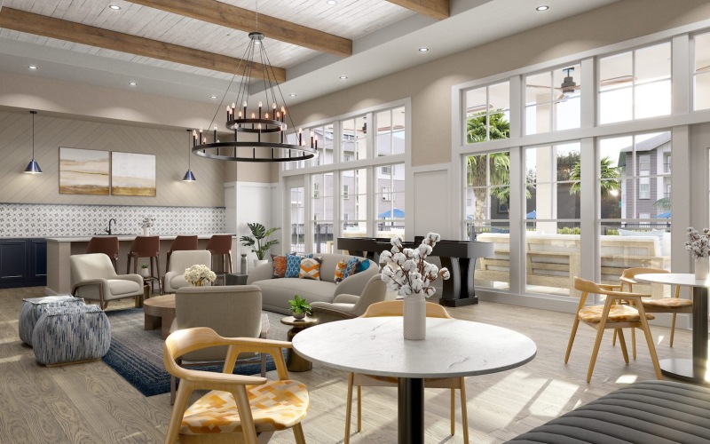 a clubroom with tables and chairs