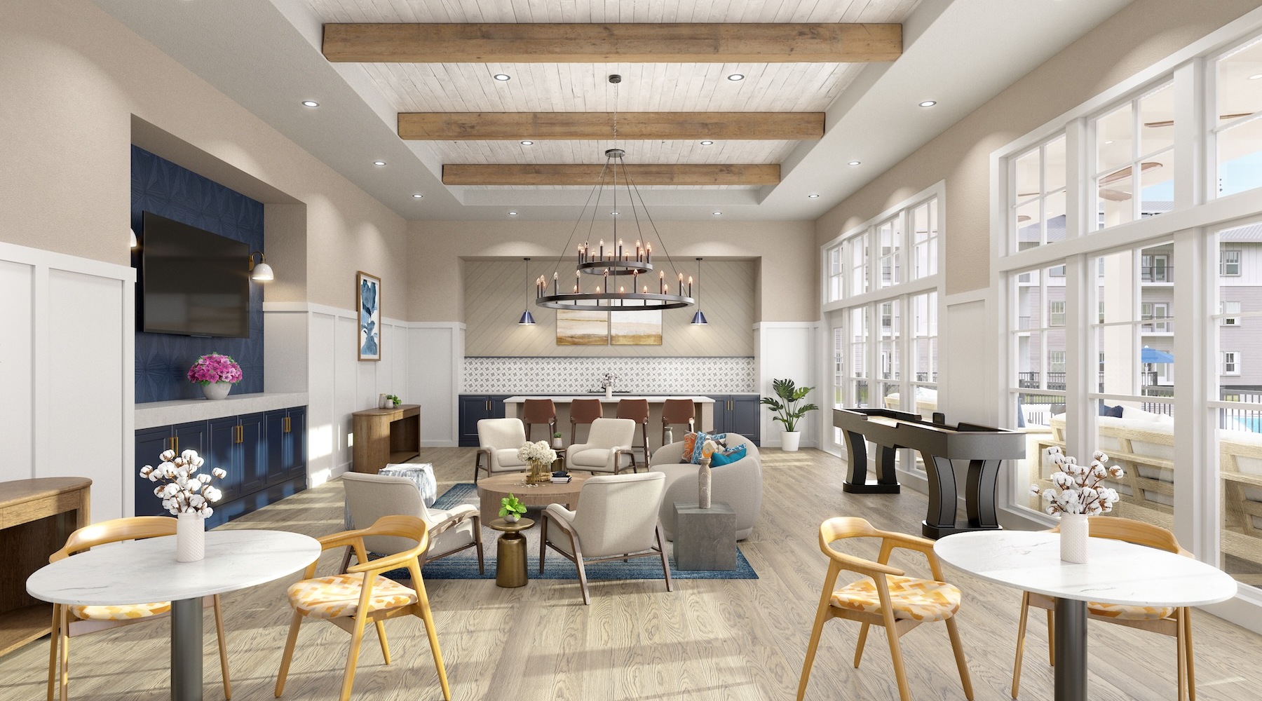 a clubroom with tables and chairs