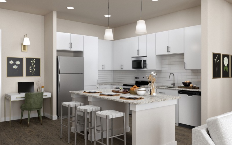 a kitchen with white cabinets
